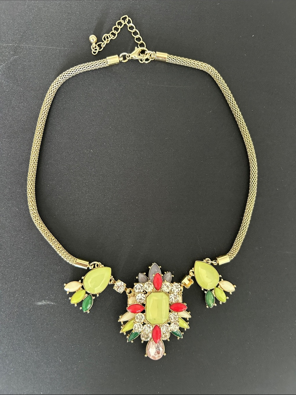 Gold-Tone Statement Necklace with Lime Green and Red Gem Accents